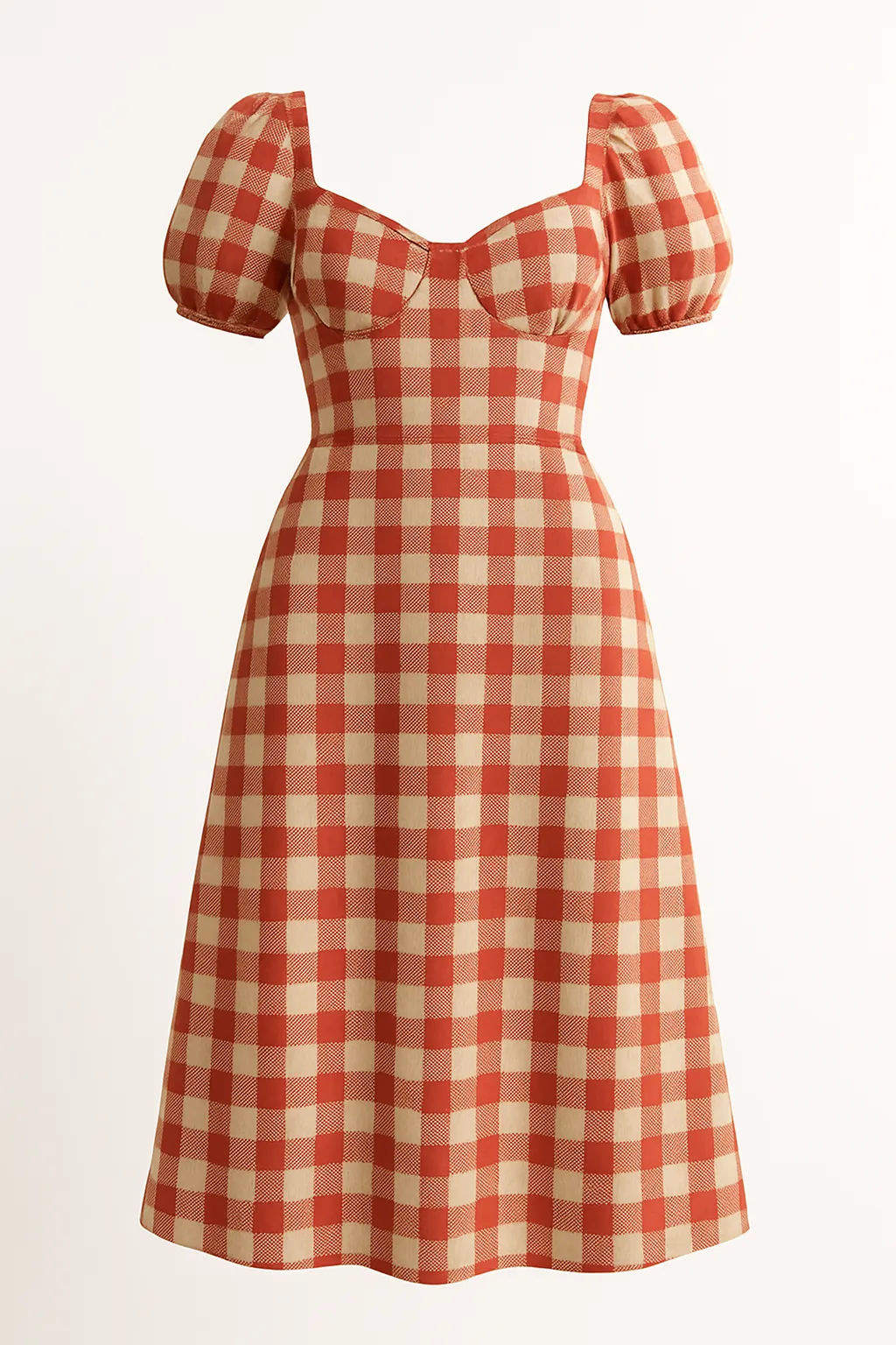 Vintage red and cream gingham puff-sleeve midi dress