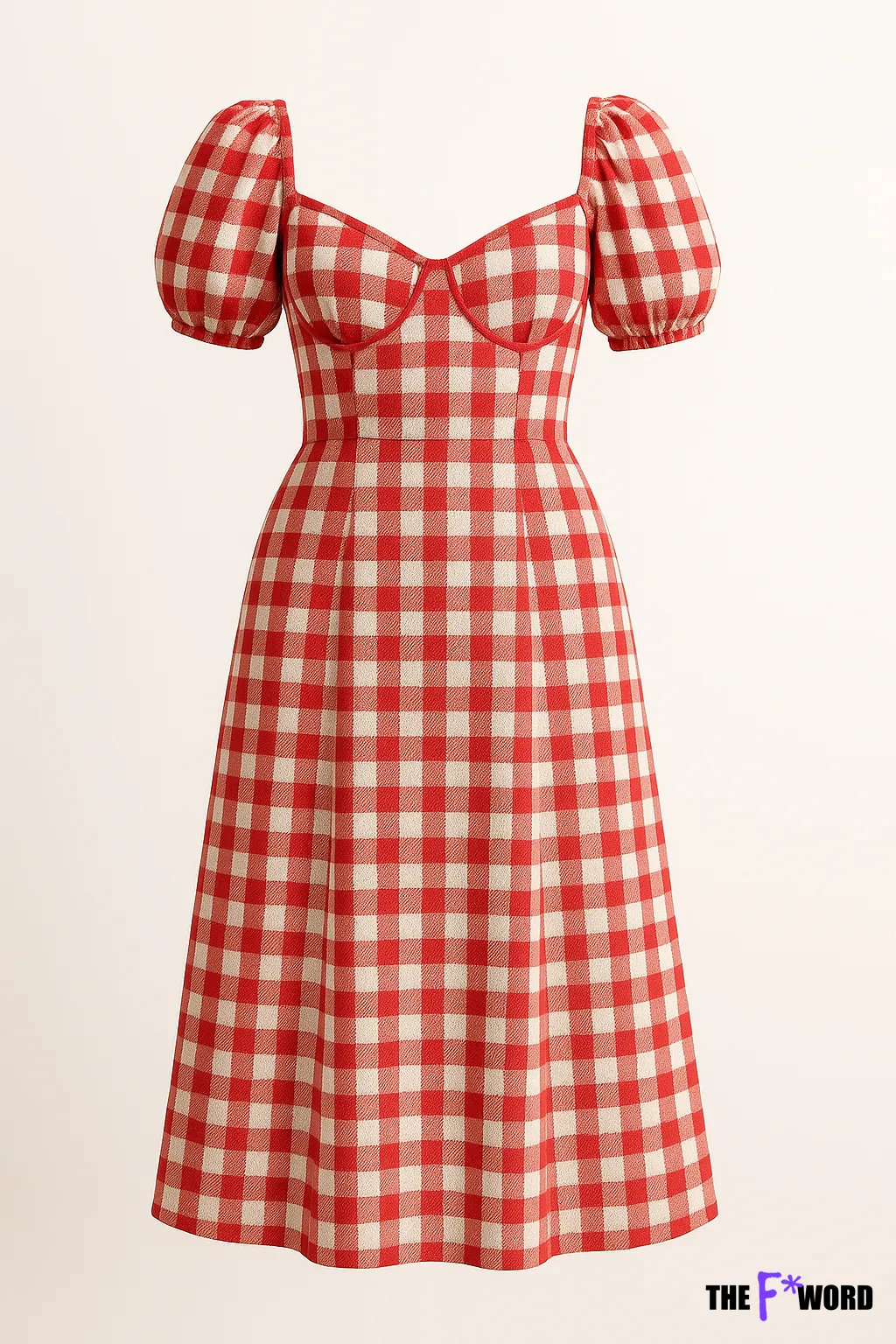 Red and white gingham puff-sleeve midi dress with sweetheart neckline