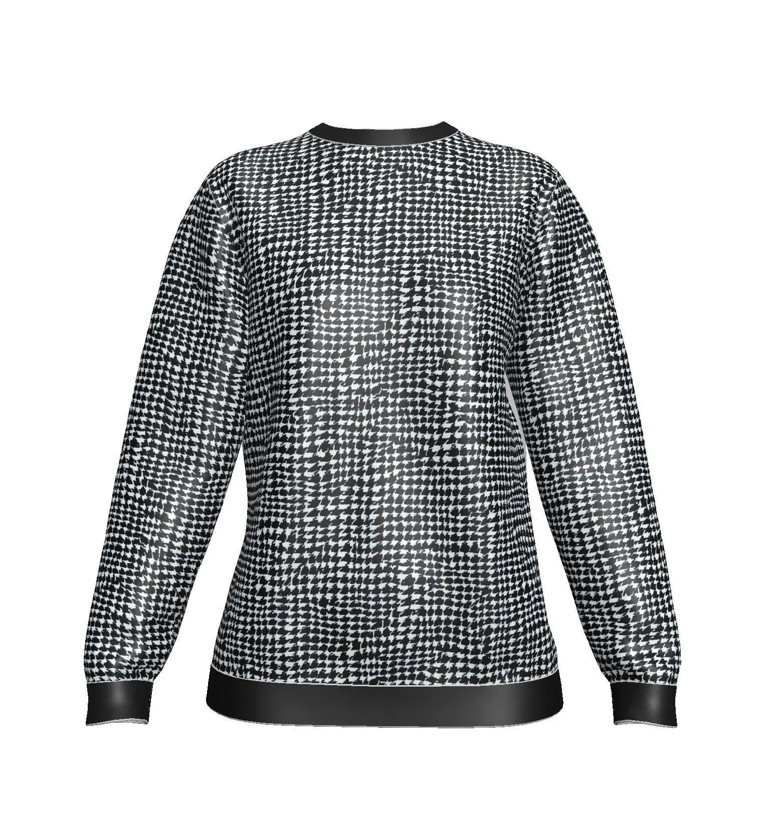 Black and white houndstooth pattern sweatshirt with ribbed trim