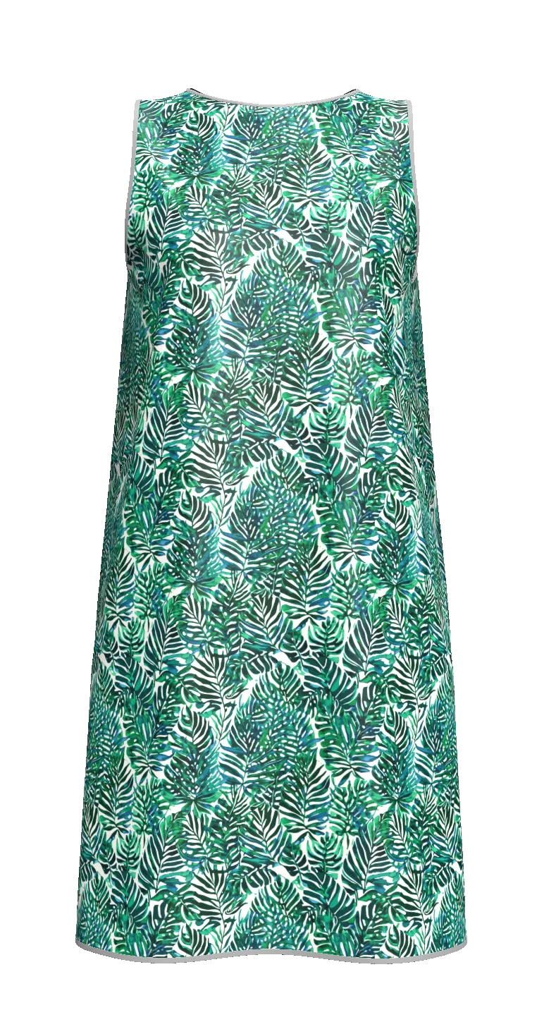 Green tropical leaf print sleeveless shift dress