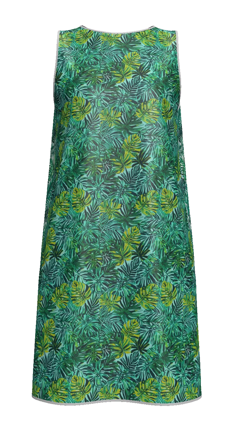 Sleeveless green tropical leaf print dress with monstera and palm patterns