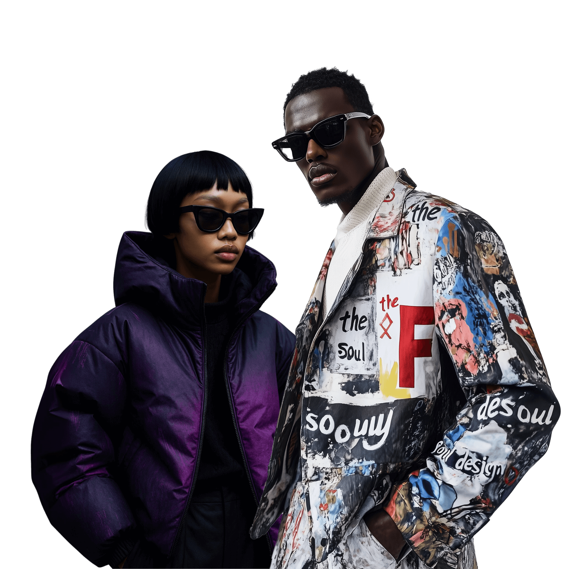 Two stylish models in sunglasses pose in bold urban streetwear