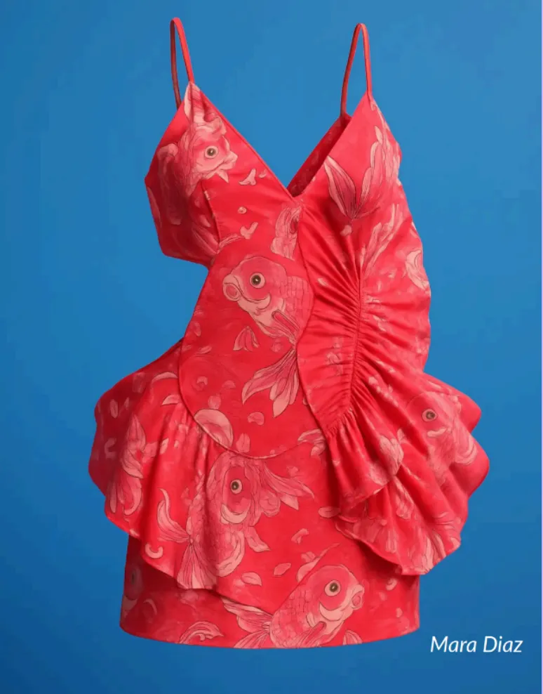 Red sleeveless dress with a deep V-neck and ruffled design, decorated with a koi fish pattern on a blue background.