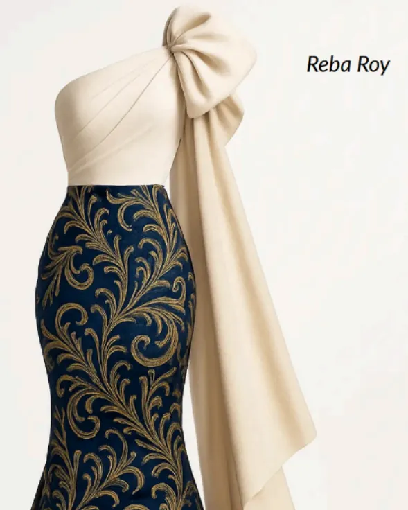 Elegant one-shoulder dress with a cream top featuring a large bow and dark blue skirt with gold ornate swirl patterns.