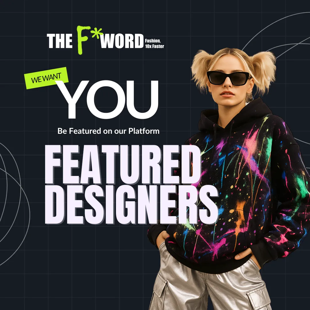 Young woman with blonde pigtails wearing sunglasses, a black hoodie with colorful paint splashes, and silver cargo pants, alongside text inviting featured designers to join a fashion platform.