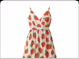 White sleeveless dress with thin straps and a strawberry print pattern.