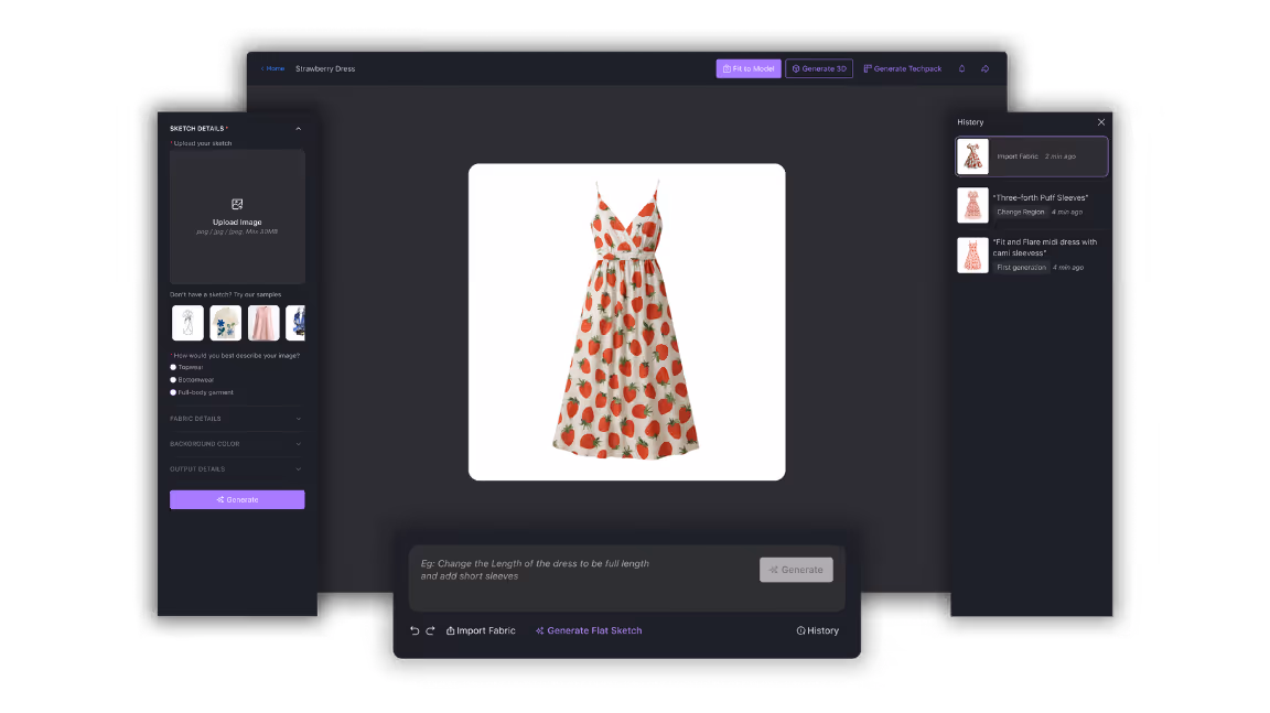 Interfaz de usuario que muestra un boceto de un vestido con estampado de fresas con opciones para cargar imágenes, seleccionar el tipo de prenda y generar modelos 3D o de paquete técnico.