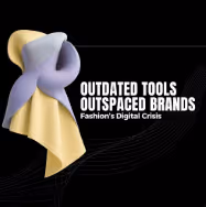 Yellow and purple ribbon-like abstract shape next to text reading 'Outdated Tools Outspaced Brands Fashion's Digital Crisis' on a black background.