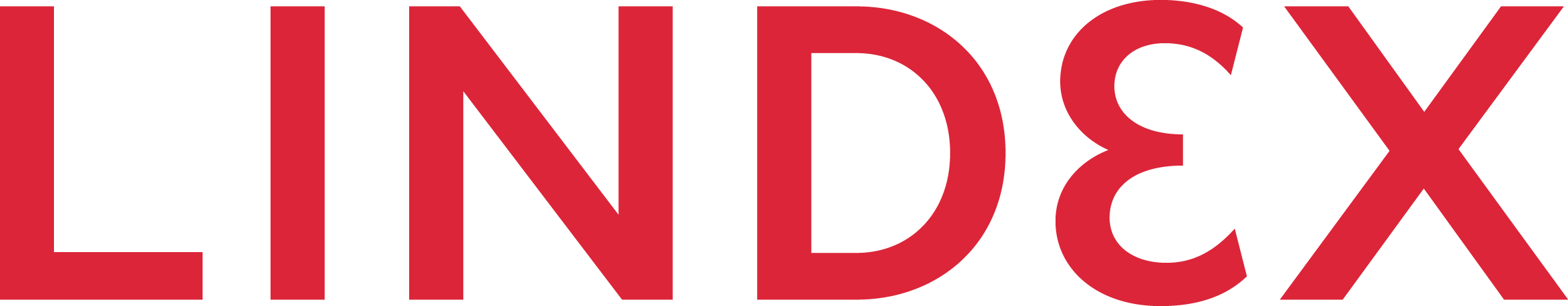 LINDEX logo in bold red uppercase letters with a reversed E character.