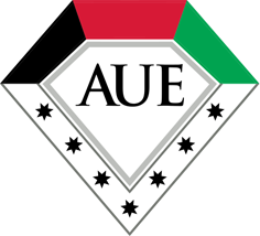 AUE logo featuring a diamond shape with black text AUE in the center, flanked by red, black, and green segments and black stars on a white border.