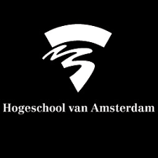 Hogeschool van Amsterdam logo with stylized white shapes above the text on a black background.