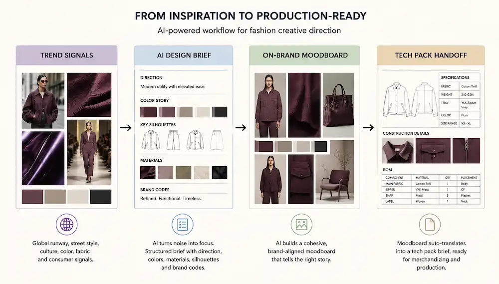 Workflow from trend signals to design brief to moodboard to tech pack