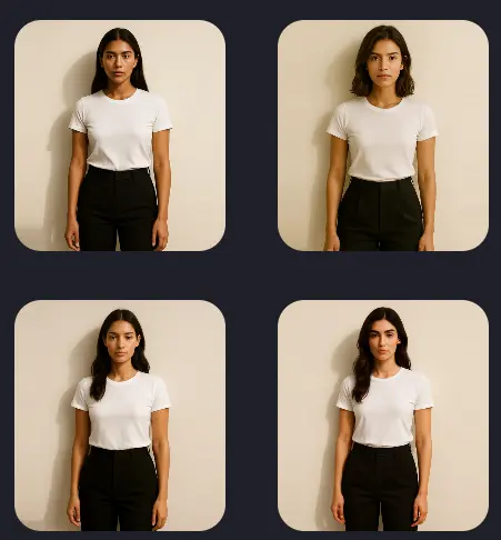 Interface showing model image selection with categories and six diverse female models wearing white tops and black pants.