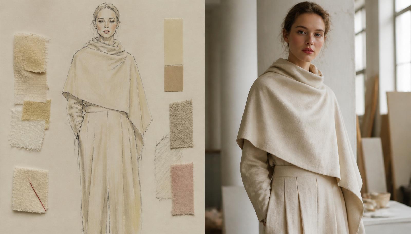 Side-by-side image of a woman in beige fashion attire and a matching fashion sketch with fabric swatches.