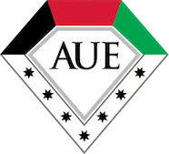 Shield-shaped logo with AUE text, red, black, and green color blocks, and six black stars.