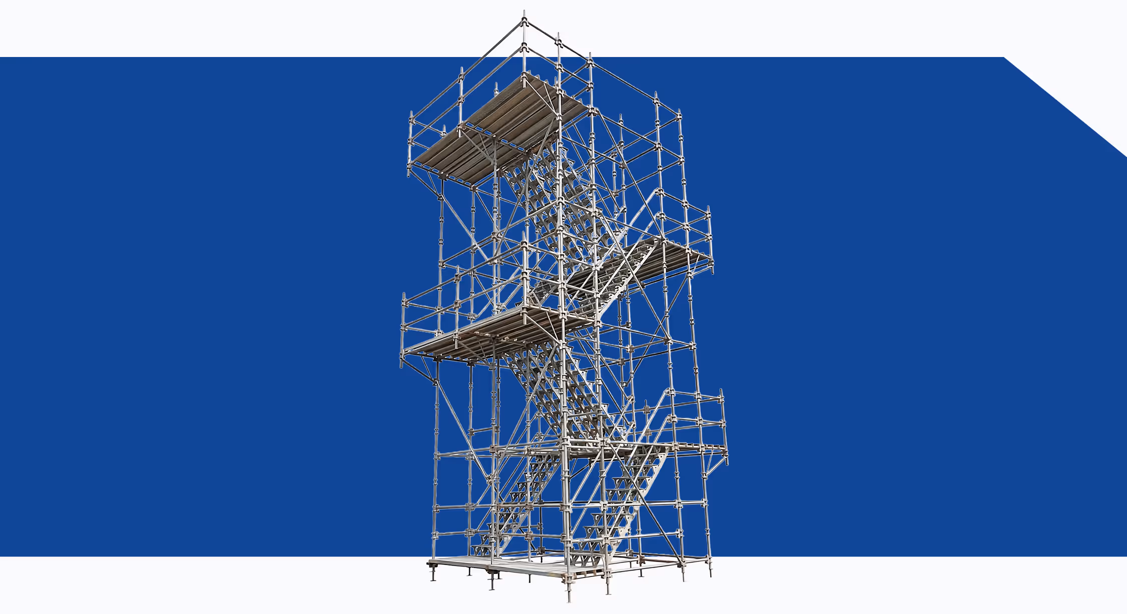 Metal scaffolding structure with multiple platforms and staircases against a blue and white background.