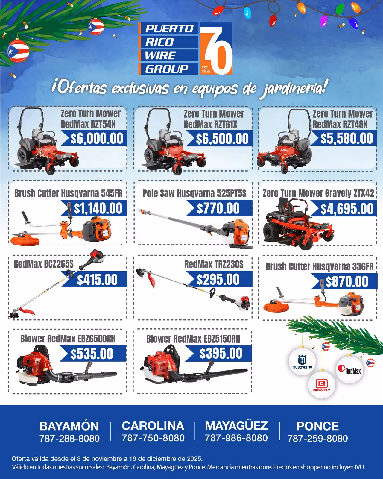 Puerto Rico Wire Group 70th anniversary logo with exclusive gardening equipment offers including various RedMax and Husqvarna lawn mowers, blowers, brush cutters, and saws, listing prices and store contact numbers for Bayamón, Carolina, Mayagüez, and Ponce.
