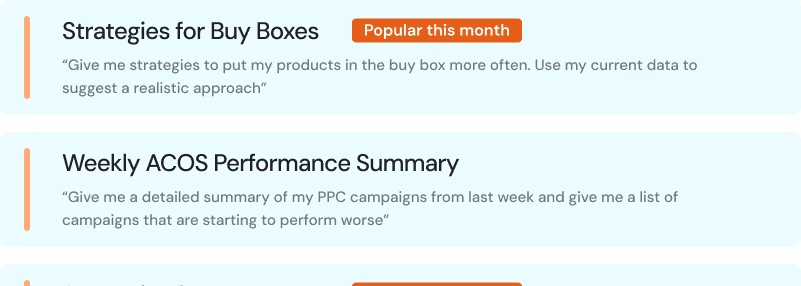 List of recommended prompts starting with "Strategies for Buy Boxes" and "Weekly ACOS Performance Strategy"