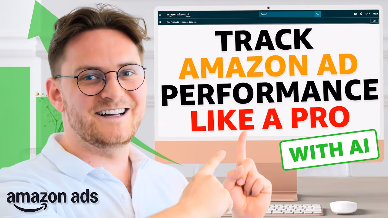 YouTube thumbnail with text "Track Amazon ad performance like a pro with AI"