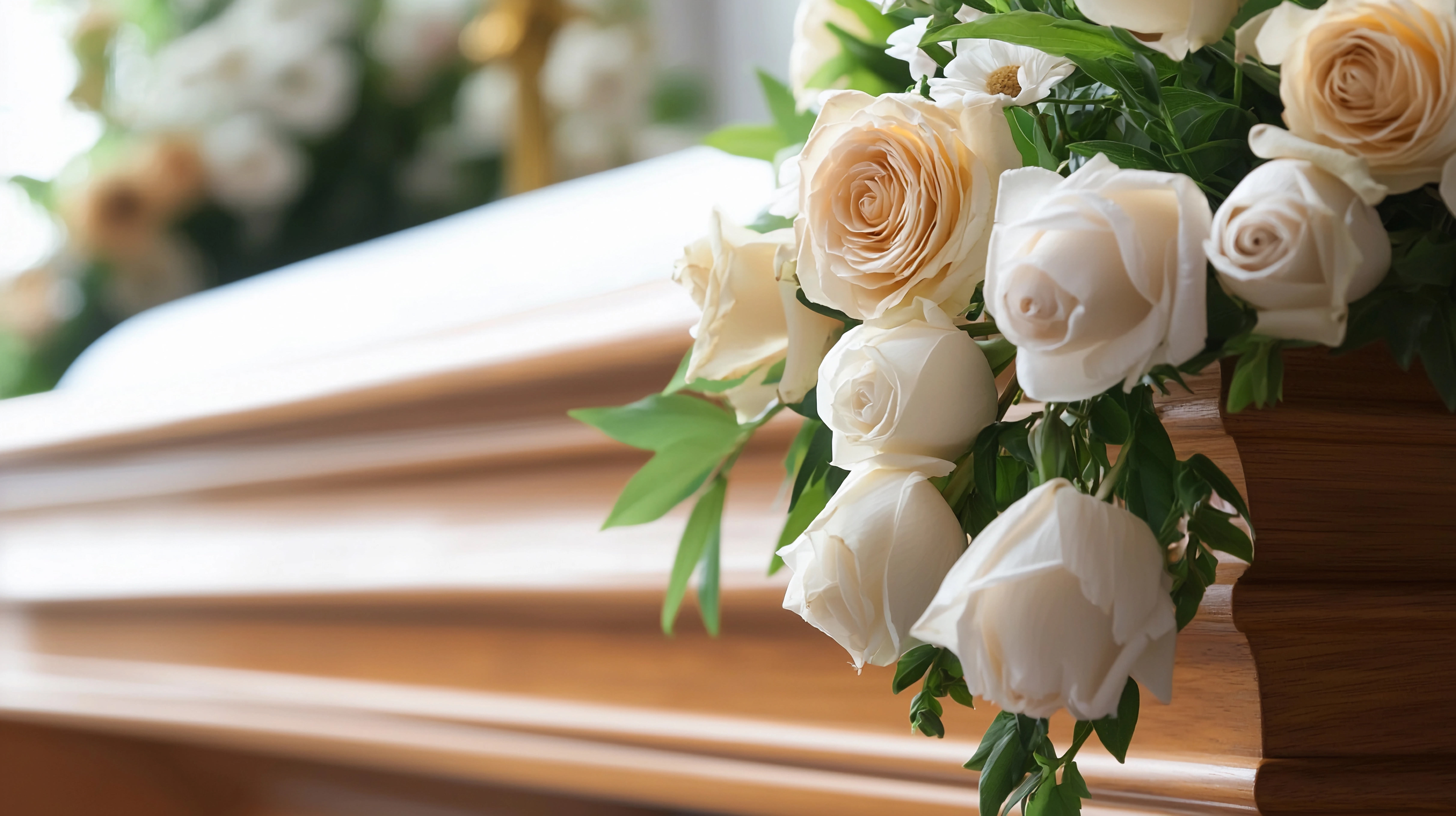 Ein Sarg aus Holz auf dem weiße Rosen liegen