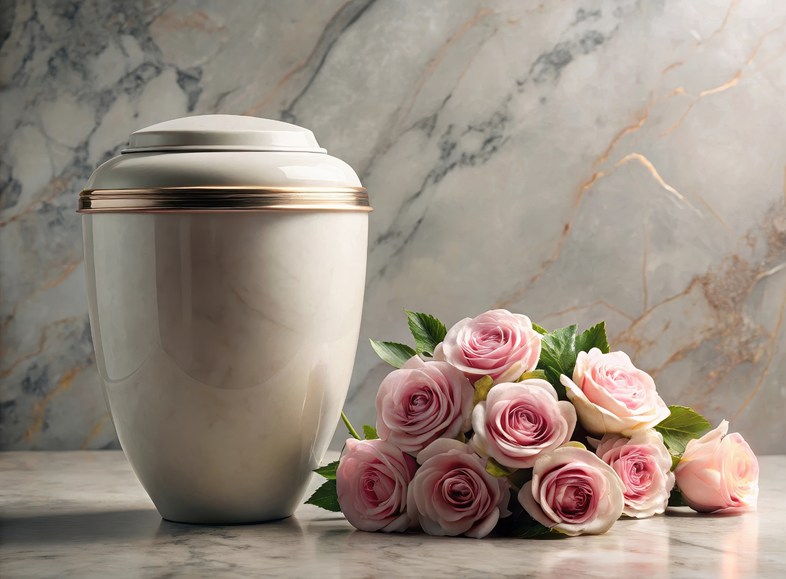 Eine weiße Urne neben der Rosen liegen