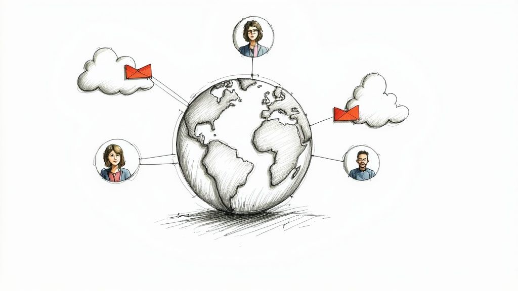 An image illustrating digital literacy, showing a person surrounded by icons representing various digital tools like video conferencing, cloud storage, and online collaboration platforms.
