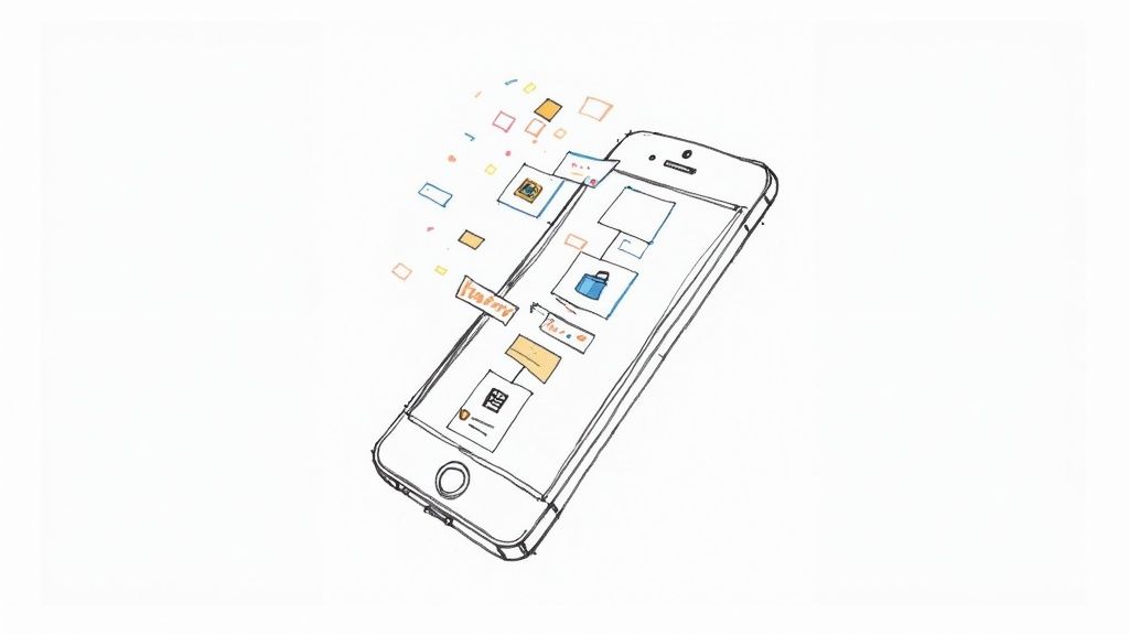 A person on their phone engaging with a microlearning module, showing icons for video, quiz, and text.
