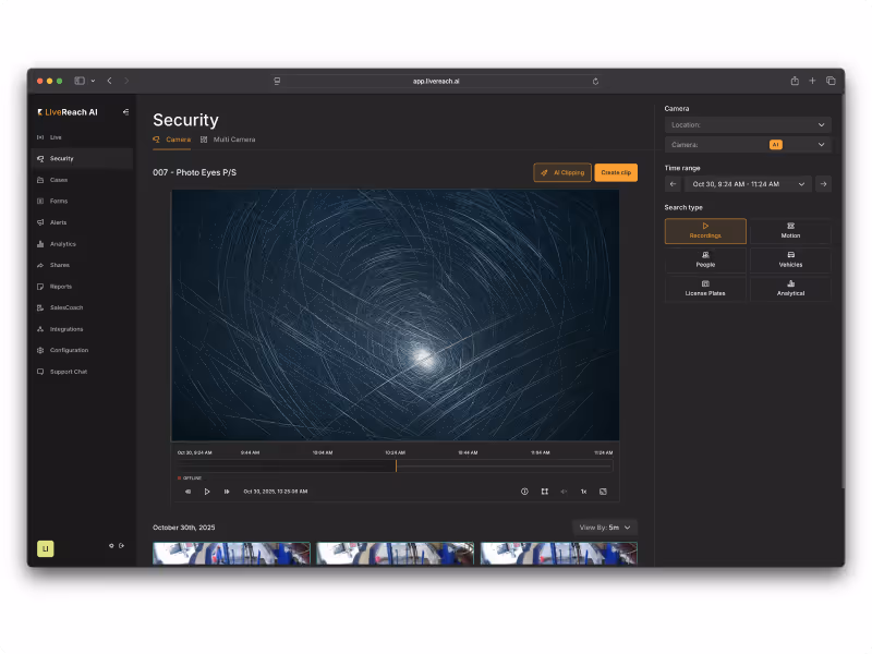 LiveReach AI Security Playback showing a close up of a pre-existing scratch
