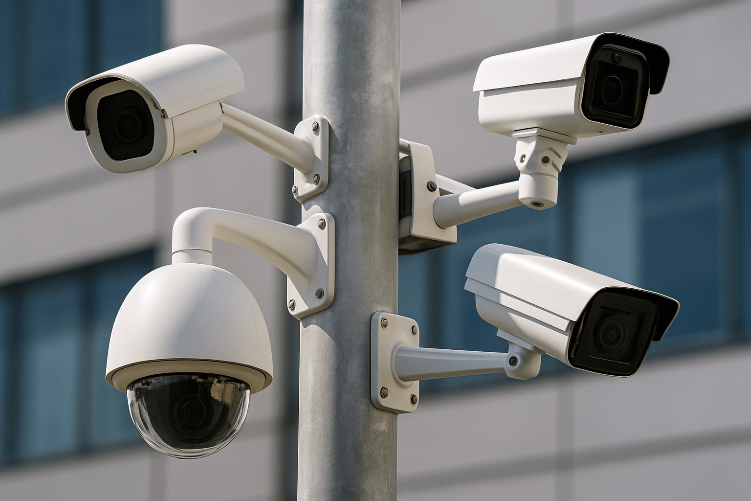 Multiple outdoor security cameras mounted on a pole outside a commercial building.