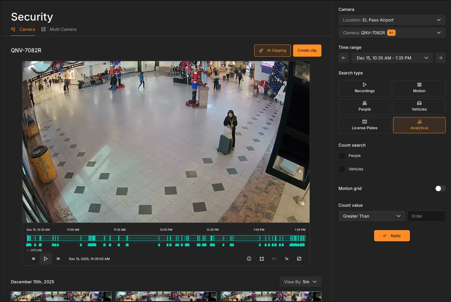 Security camera interface showing people detection and activity analytics inside an airport terminal, with timeline markers indicating movement and events.