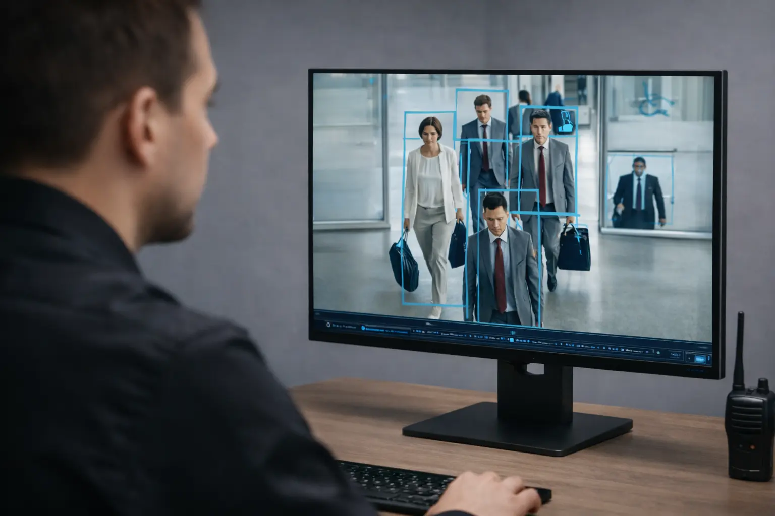 Security professional monitoring a single camera feed with AI video analytics, showing people detection through blue bounding boxes on the screen, with a walkie-talkie on the desk.