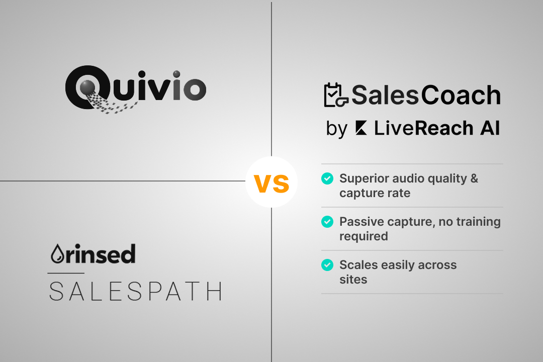 SalesCoach by LiveReach AI compared to Quivio and Rinsed SalesPath, emphasizing AI-powered audio capture, passive operation, and multi-site scalability.