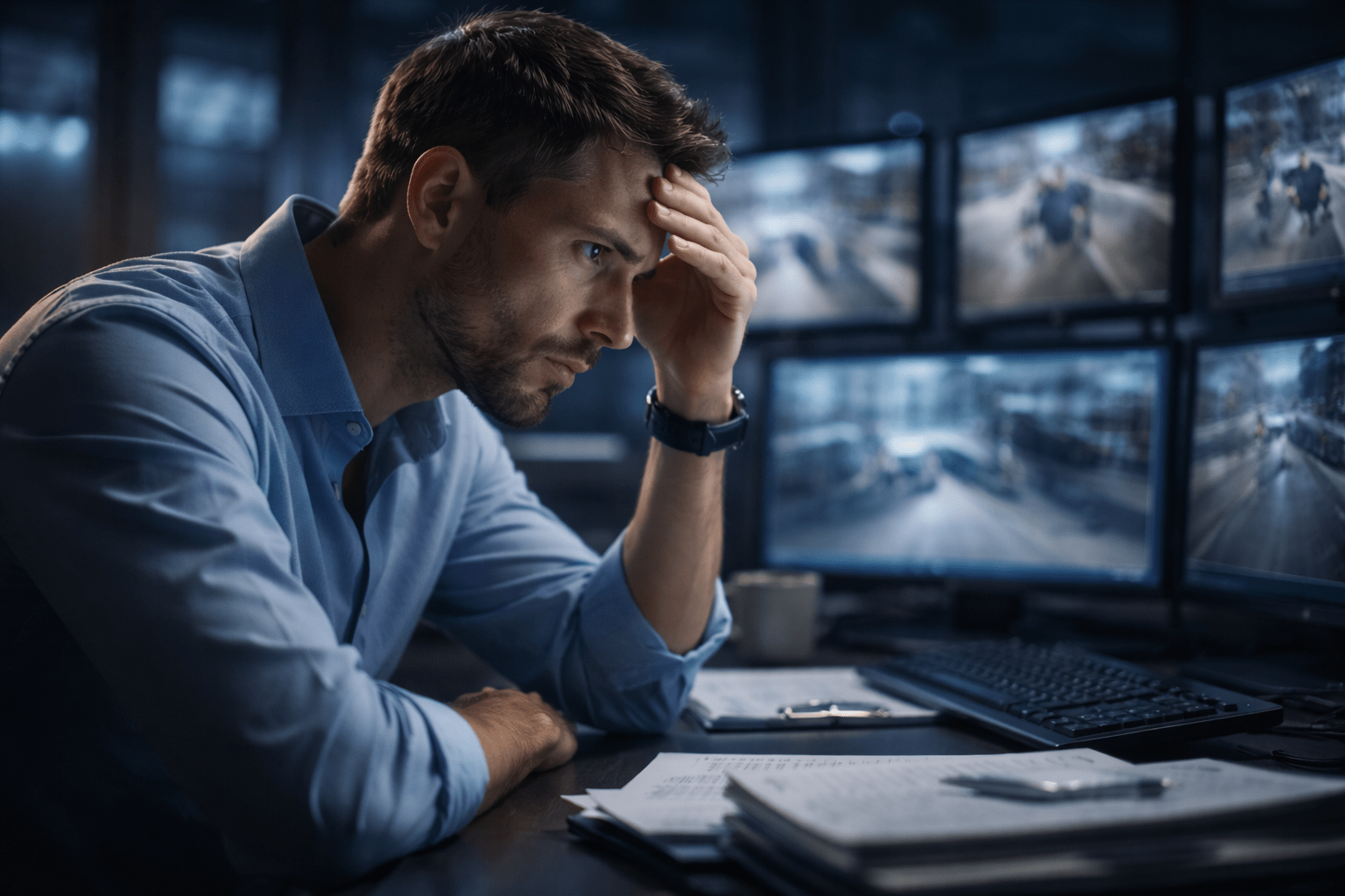 IT professional struggling to review security camera footage during a security incident investigation.