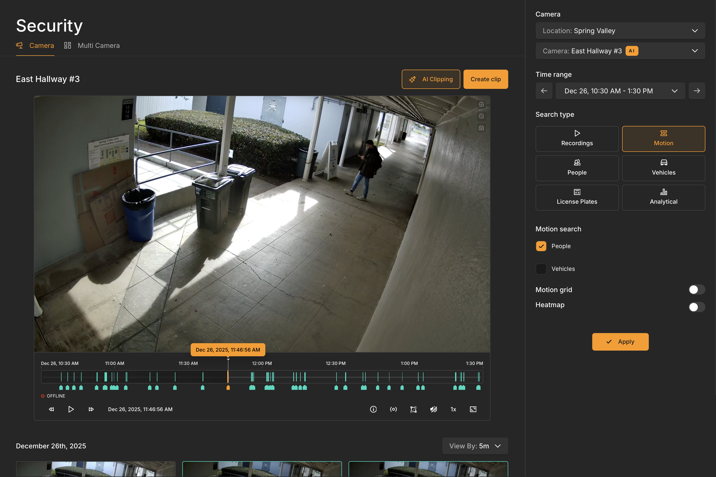 Security camera interface showing a hallway video timeline with motion detection markers used to investigate a security incident.