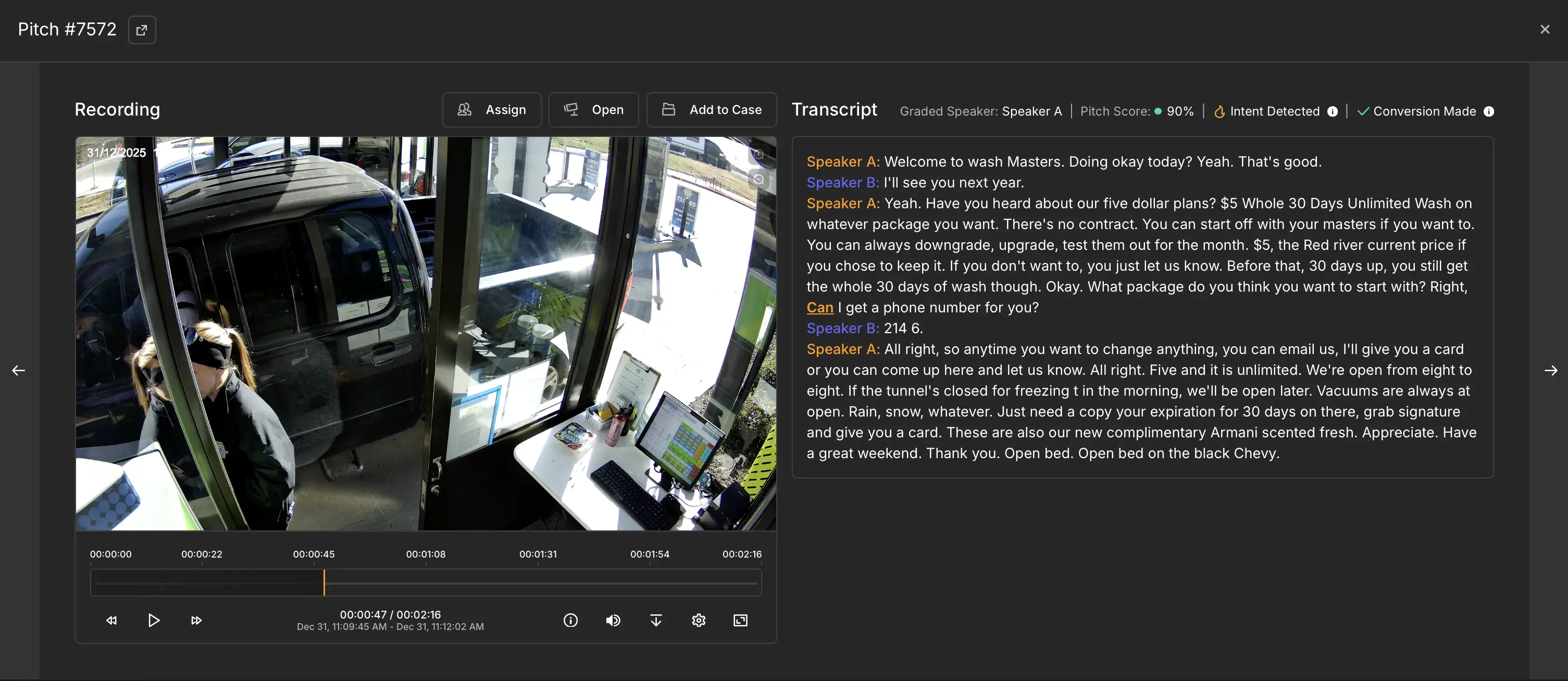 SalesCoach interface showing a recorded driveway sales interaction with synchronized video playback and AI-generated transcript.