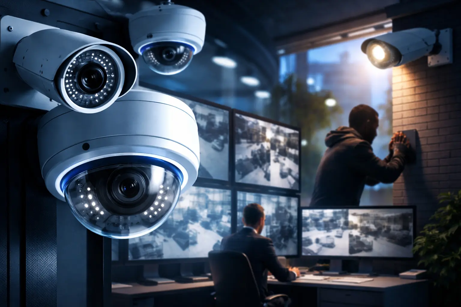 Business security cameras monitoring a commercial facility while a break-in occurs outside, illustrating common surveillance system failures.