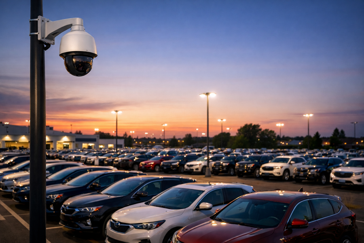 Security camera monitoring an auto dealership parking lot filled with vehicles at dusk