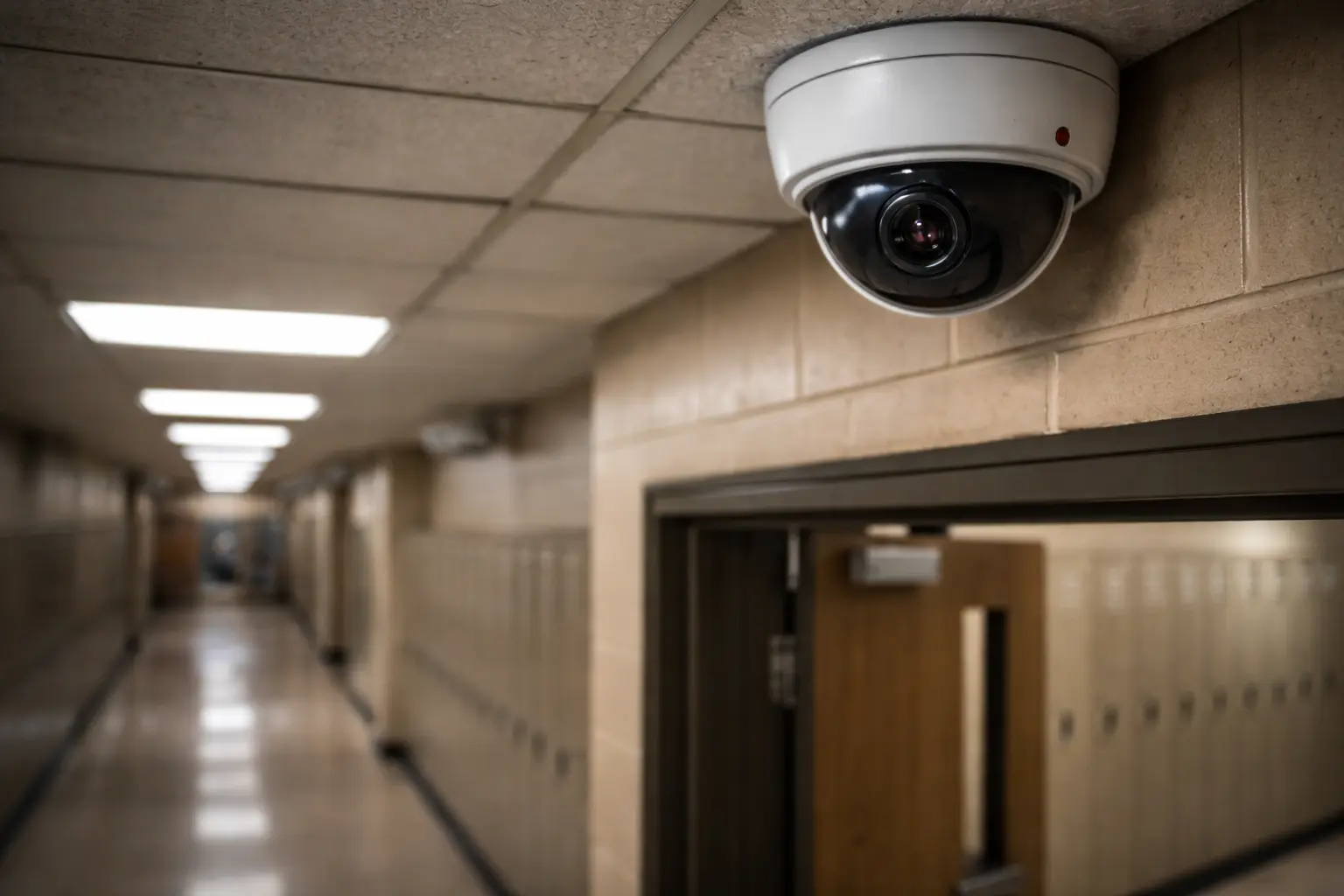 Dome security camera mounted in a school hallway, overlooking lockers and classroom entrances in a K–12 building.