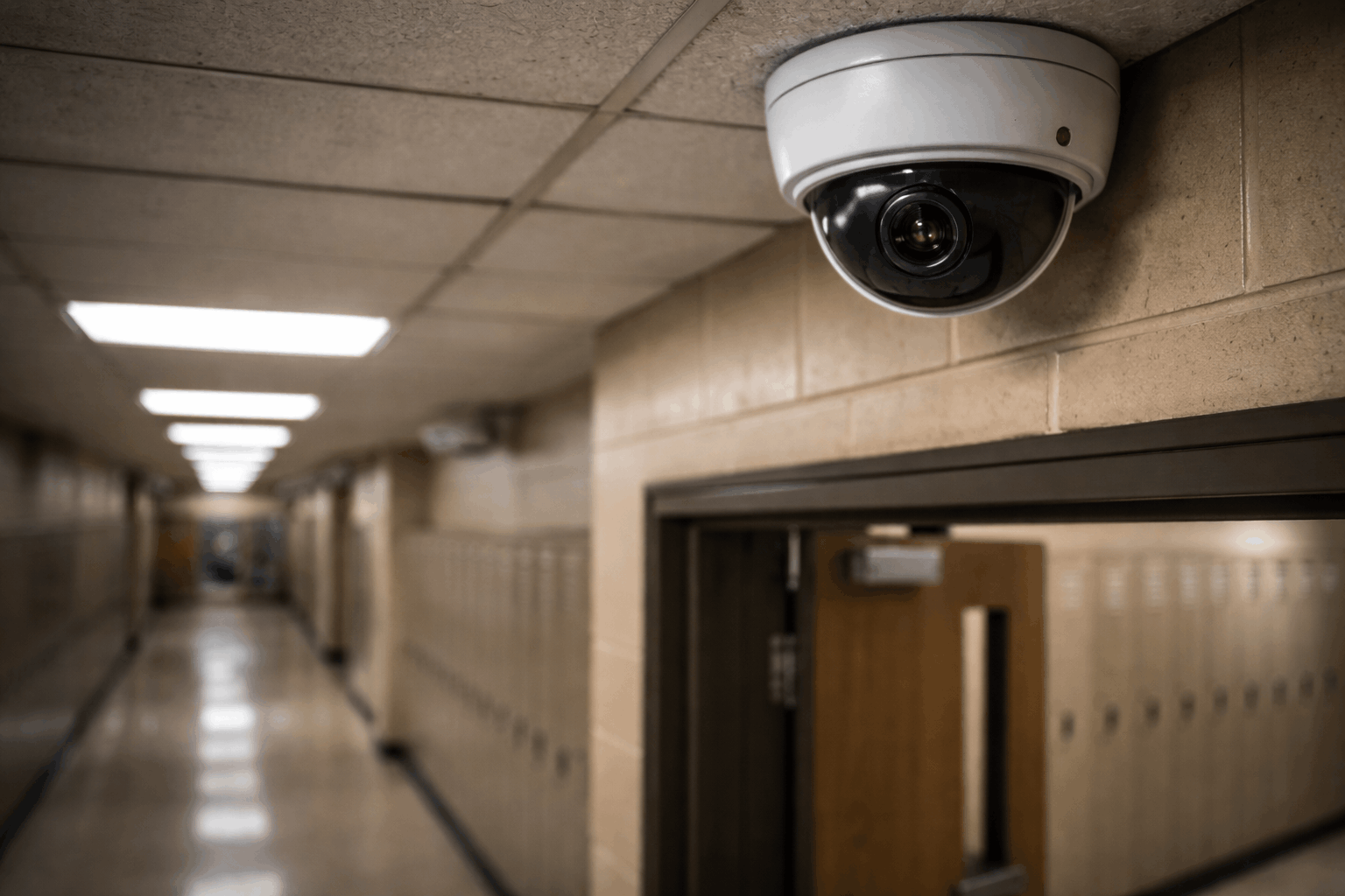 Dome security camera mounted in a school hallway, overlooking lockers and classroom entrances in a K–12 building.