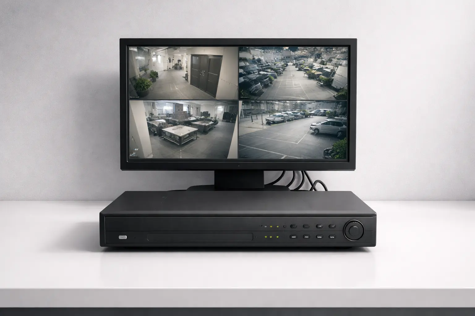 Legacy DVR security system on a clean white desk with a single monitor showing grainy multi-camera surveillance footage in a minimalist office setting.