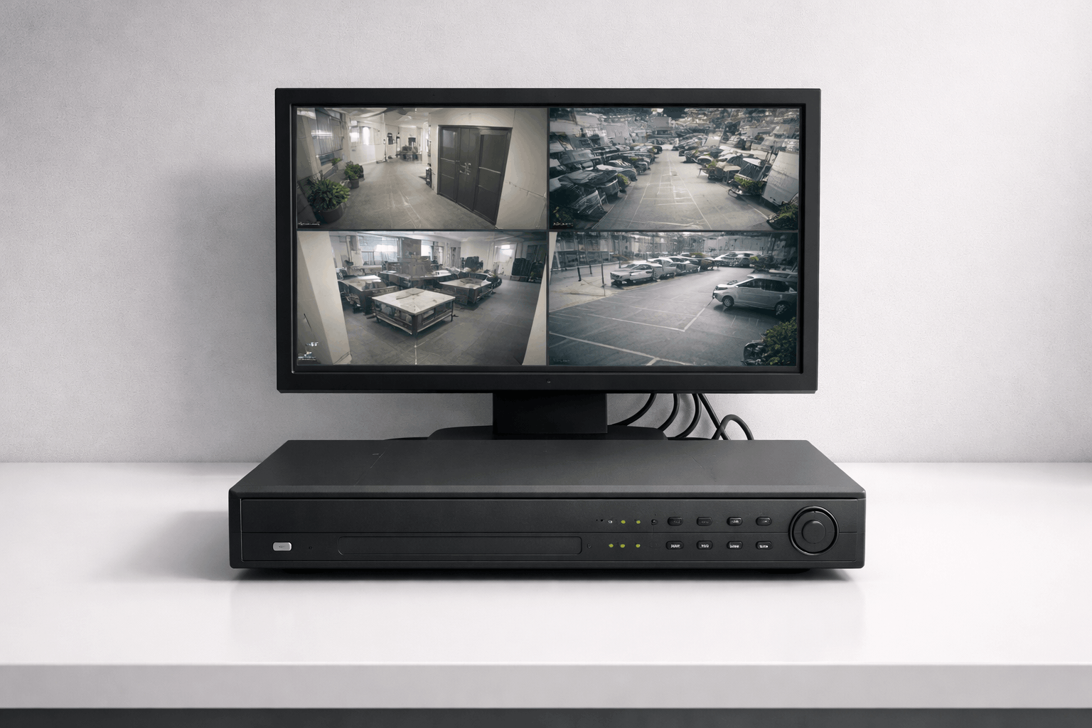 Legacy DVR security system on a clean white desk with a single monitor showing grainy multi-camera surveillance footage in a minimalist office setting.