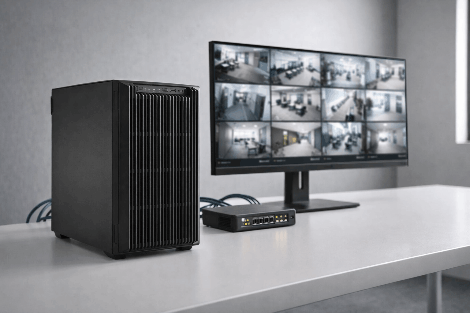 Enterprise NVR security system with IP camera feeds, Ethernet connections, and PoE network switch on a desk in a commercial setting.