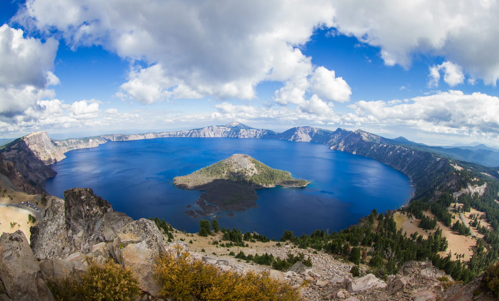 Crater Lake and Wizard Island in Oregon—symbolizing the natural beauty and regulatory strength behind Oregon contractor license bonds.