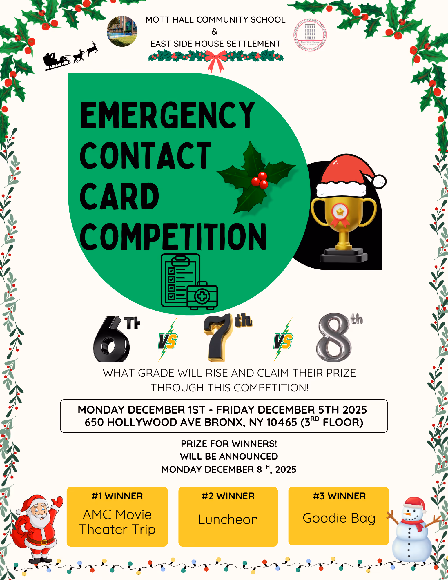 Mott Hall Community School emergency contact card competition flyer December 2025