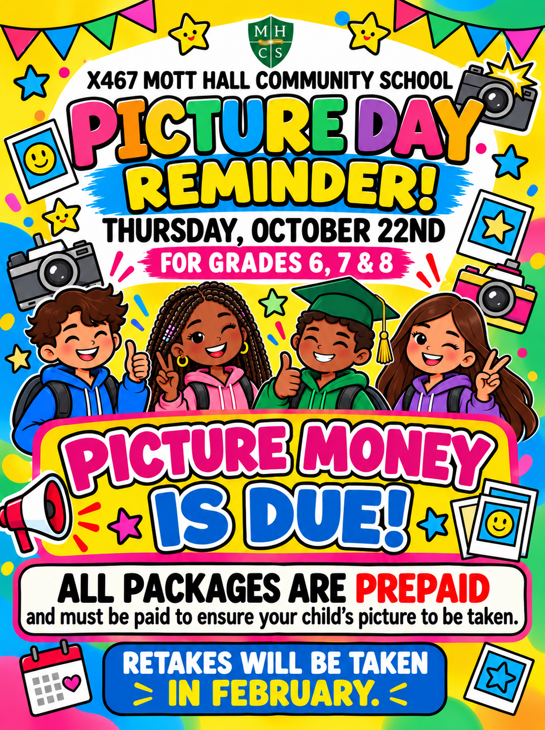 Picture Day Reminder flyer – Thursday, October 22nd for Grades 6, 7 & 8