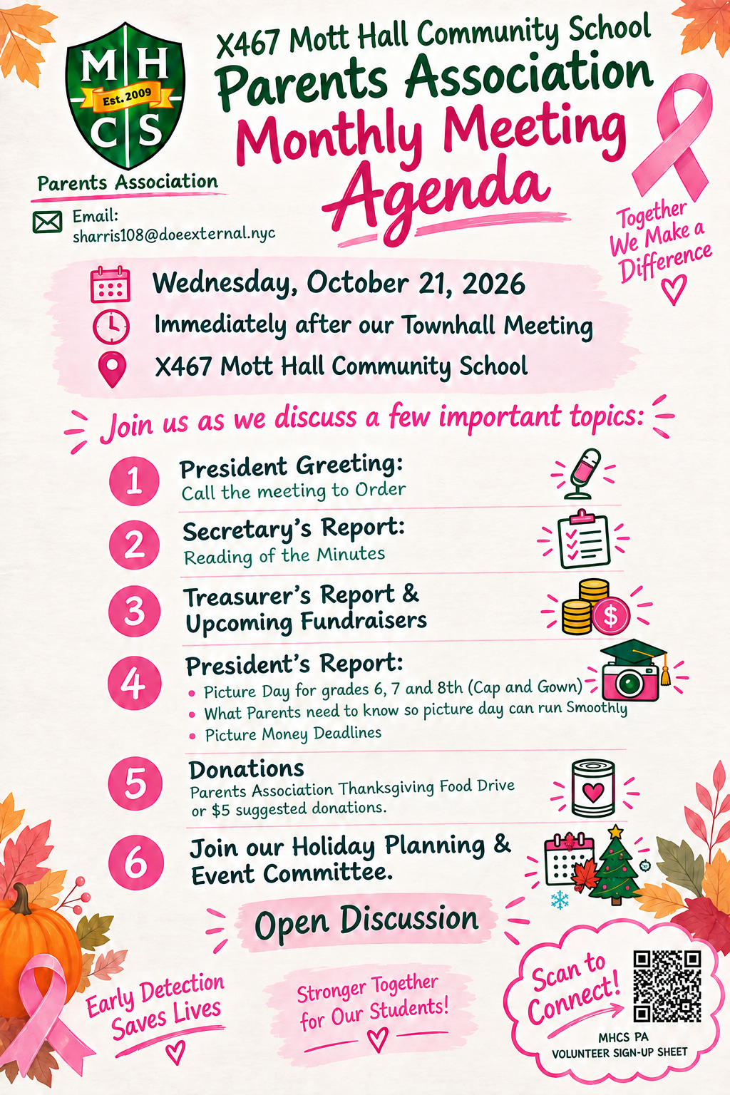 Parents Association Monthly Meeting Agenda flyer – Wednesday, October 21, 2026