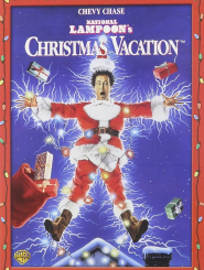 The movie poster for National Lampoon's Christmas Vacation, starring Chevy Chase. The image depicts Chevy Chase dressed as Santa Claus, hovering in the air above a snowy roof. He appears to be getting electrocuted, with a shocked expression, his hair standing on end, and cartoonish blue lightning bolts radiating from his body. He is tangled in a string of Christmas lights, and several wrapped presents are floating chaotically around him against a dark blue background.