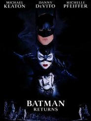 Movie poster for 'Batman Returns' featuring three vertically stacked character portraits against a dark background with blue tones. At the top is Batman in his black cowl and mask. In the middle is Catwoman wearing a black leather mask with cat ears and red lipstick, her clawed hand raised to her face. At the bottom is the Penguin with pale skin, dark hair, and a menacing grin. The cast names appear at the top: Michael Keaton, Danny DeVito, and Michelle Pfeiffer. The movie title 'BATMAN RETURNS' is displayed in white text in the center. At the bottom is a silhouetted crowd scene. The Warner Bros. logo appears in the bottom left corner."