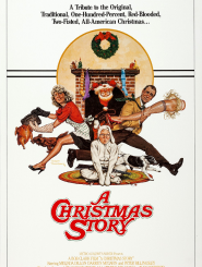 Here are the alt text descriptions for the two movie posters:  **Image 1: *National Lampoon's Christmas Vacation***  The movie poster for the "Special Edition" of *National Lampoon's Christmas Vacation*, starring Chevy Chase. The image features Chevy Chase dressed as Santa Claus, floating above a snowy roof with a chimney. He has a shocked expression, with his hair standing on end, as blue lightning bolts radiate from his body. He is tangled in a string of multi-colored Christmas lights, and several wrapped presents and a red sack of gifts are floating chaotically around him. The poster is set against a dark blue night sky and is enclosed in a red frame decorated with a string of Christmas lights.  **Image 2: *A Christmas Story***  The illustrated movie poster for *A Christmas Story*. At the top, a tagline reads: "A Tribute to the Original, Traditional, One-Hundred-Percent, Red-Blooded, Two-Fisted, All-American Christmas...". Below it is a circular illustration of a chaotic family scene in front of a fireplace with a wreath. In the foreground, a young boy with glasses is sitting on a rug, wearing a pink bunny suit. Behind him, a woman on the left holds a cooked turkey, looking distressed, while a man on the right holds up a lamp shaped like a woman's leg in a fishnet stocking. A shouting Santa Claus is in the center background. Below the illustration, the title "A CHRISTMAS STORY" is written in large, red, script font. The bottom of the poster lists the production credits, including "A Bob Clark Film" and starring Melinda Dillon, Darren McGavin, and Peter Billingsley.