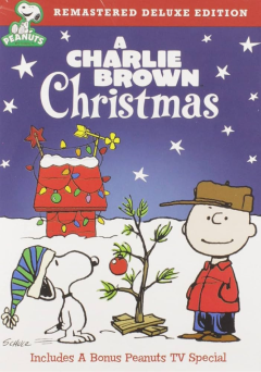 A movie poster for A Charlie Brown Christmas. The illustration shows Charlie Brown in a winter hat and coat standing next to his small, sparse Christmas tree decorated with a single red ornament. Snoopy, wearing a striped nightcap, looks on from the left. In the background, Snoopy's red doghouse is covered in snow and heavily decorated with multi-colored Christmas lights. The scene is set against a purple night sky filled with white stars.